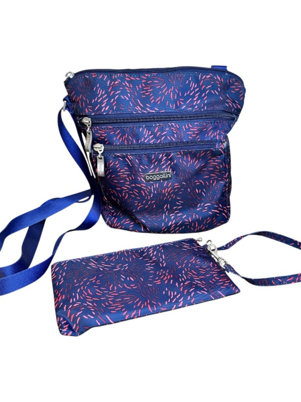 Baggallini Crossbody Legacy with RFID Wristlet 7.5" Fireworks Print Navy Blue